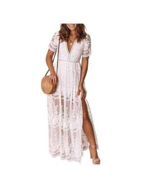 Women's Deep V-Neck Lace Romper Short Sleeve Long Dress, White